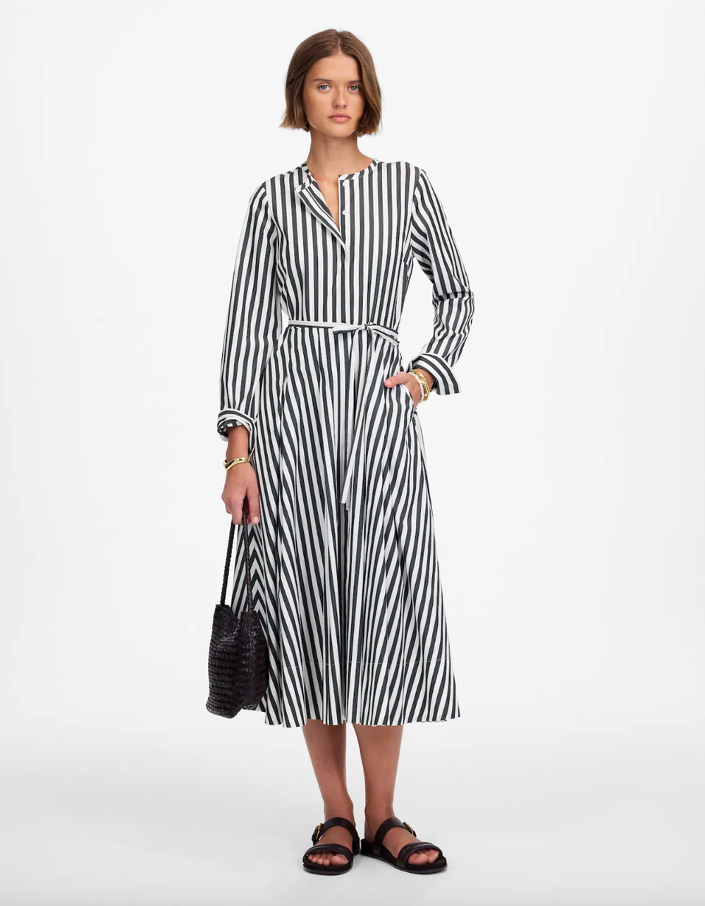 Madewell Tie Waist Midi Shirtdress in Stripe White Deep Forest Cotton US 0 NWT